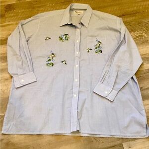 Ladies Light Blue Striped Button-Up Shirt with Floral Appliqué